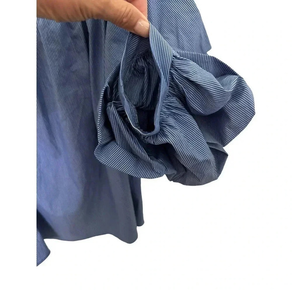 Zara Woman Blue White Pinstriped Ruched Puff Sleeve Off Shoulder Top Size S - Picture 3 of 5